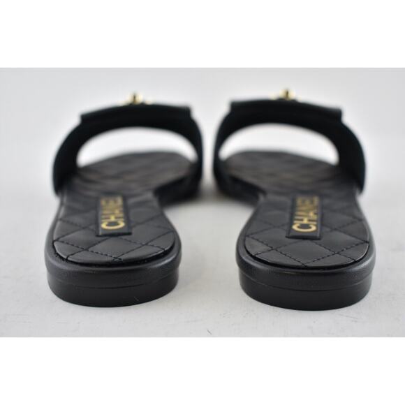 Chanel REV Black Turnlock Quilted Gold CC Logo Mules Slide Sandal Flop Flat 37 - Picture 11 of 12